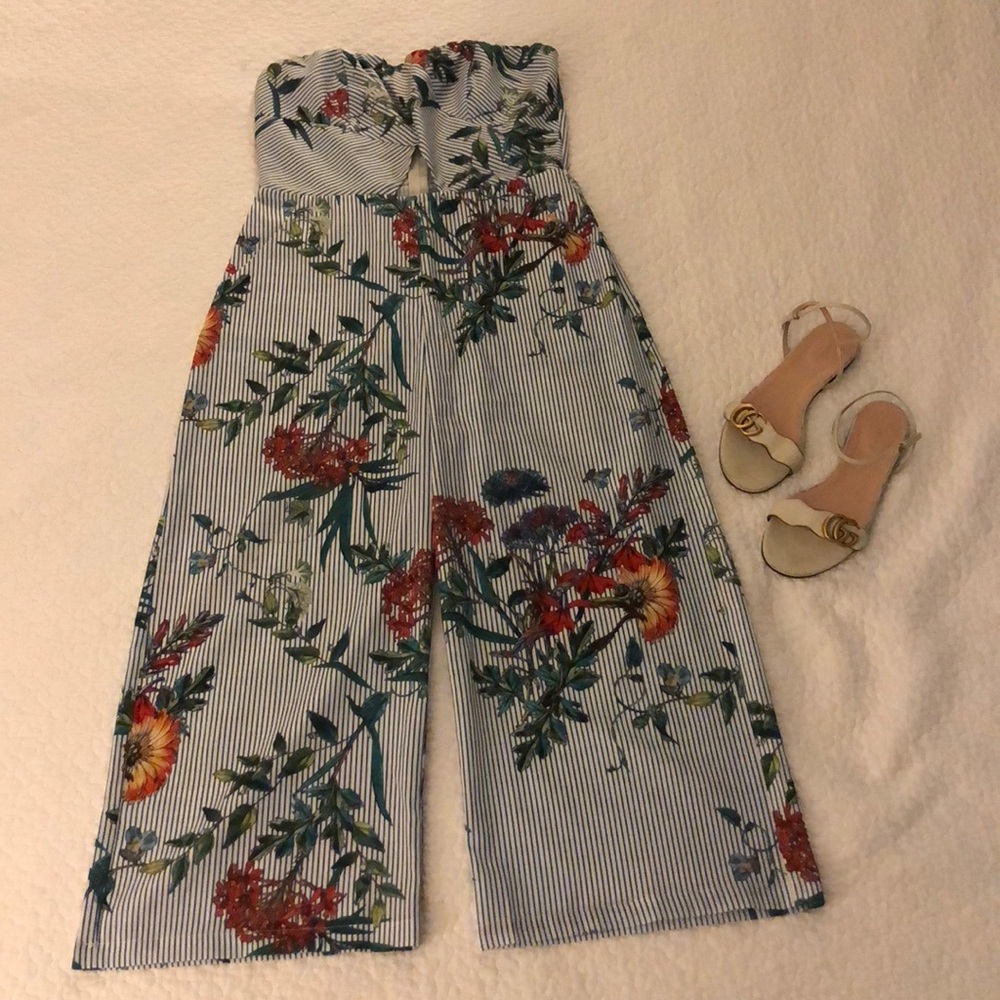 Strapless Pinstripe and Floral Romper